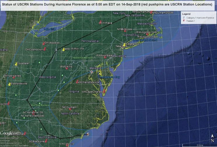 U.S. map showing Hurricane Florence and 8 USCRN station locations