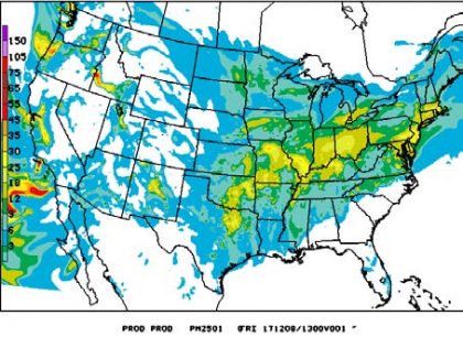 Map depicting predicted PM2.5 concentration in the U.S.