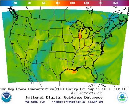 Map depicting predicted 1-hour average ozone concentration in the U.S. on 9-22-17