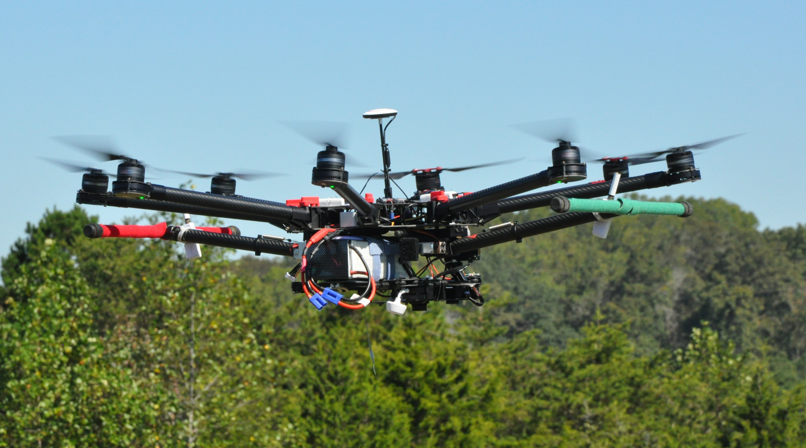 In-flight photo of an octocopter