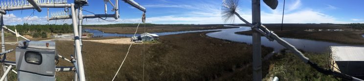 Instrumentation at left and right on a platform overlooking waterways. width=