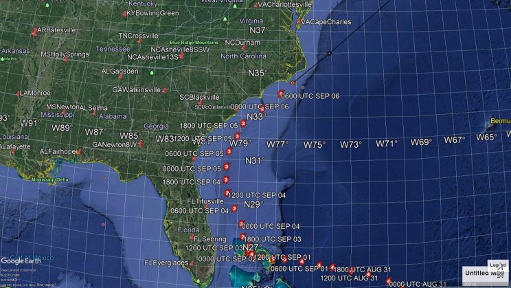 Map of Dorian's track along the U.S. East Coast