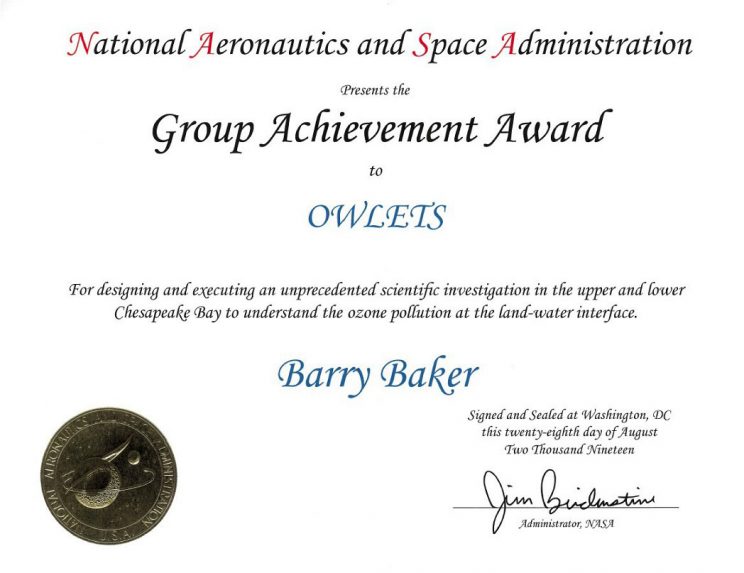 Scanned certificate complete with gold NASA seal and Administrator Bridenstine's signature. OWLETS and Barry Baker also appear on the certificate.