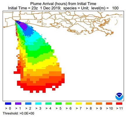 Port Neches at left indicated by red + on a map showing the outline of counties in the general area. Four colors shown, indicating chemical dispersion > 1 hour to > 11 hours after the model was run.