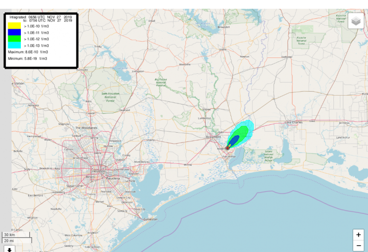 Map showing Houston, TX at left and Lake Charles, LA on right. Port Neches slightly right of center indicated by red +, with colored plume traveling northeast.