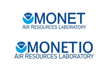 Logos for MONET and MONETIO (top and bottom, respectively). Both are the NOAA logo beside the program name in capital letters in blue font with the words AIR RESOURCES LABORATORY underneath it in the same blue font.