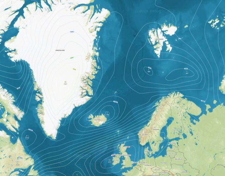 Map of Greenland with shapes drawn in that represent high pressure cells