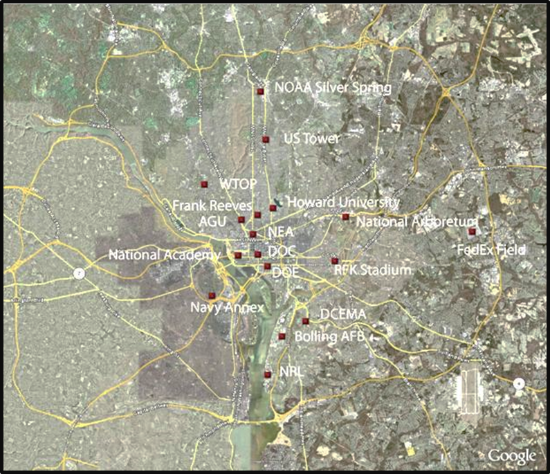 Aerial map of the DC Metro area marked with red squares throughout the area