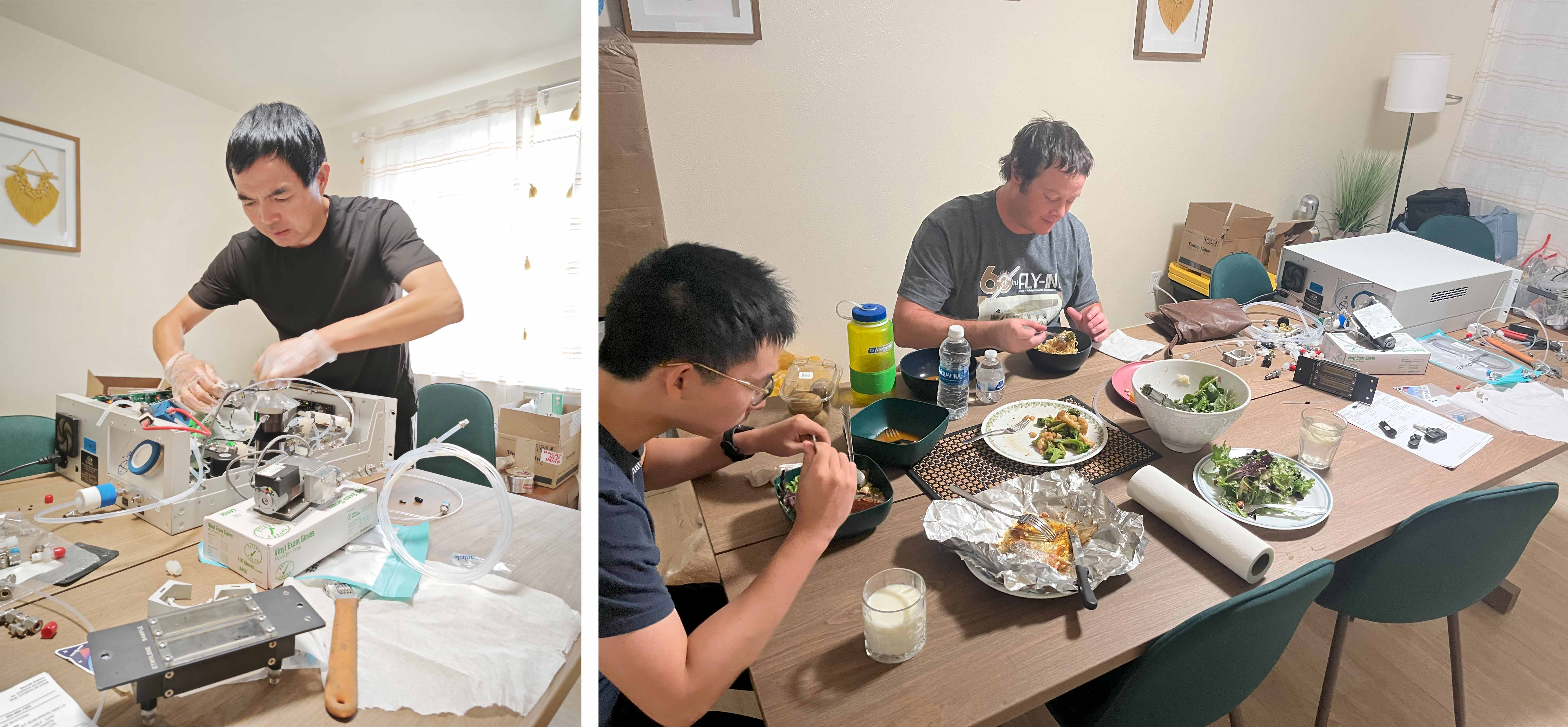 photo of a man fixing a computer and the right side of the image is a photo of two men at a dinner table with the computer at the far end of the table