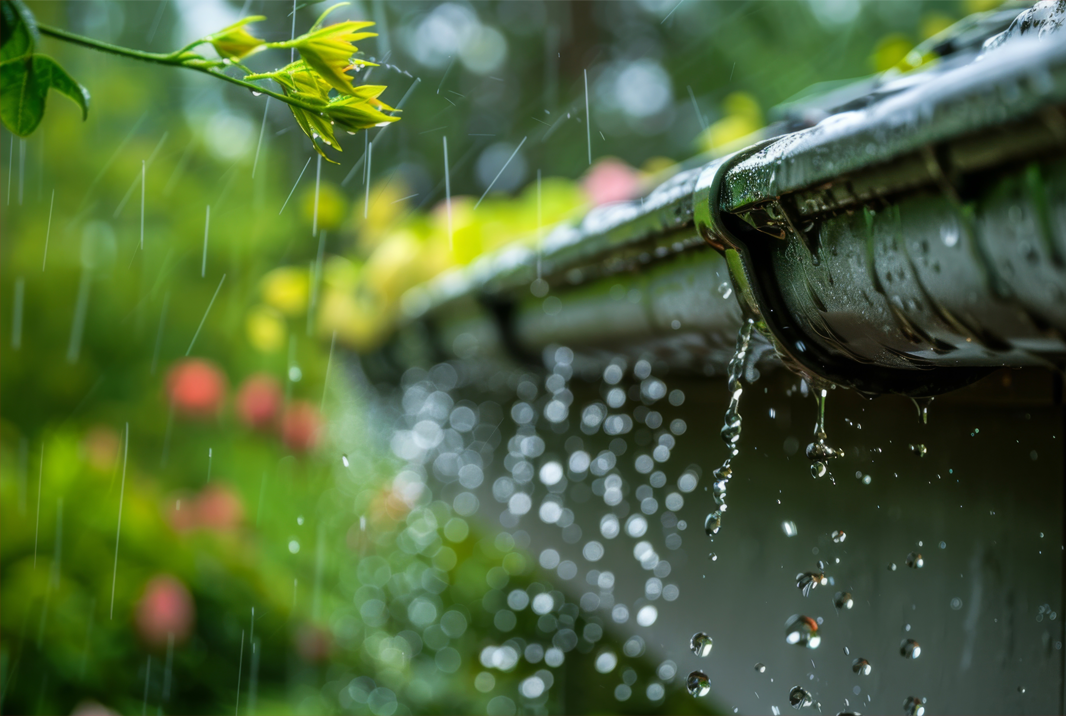 rain falling on a gutter with plants in the background