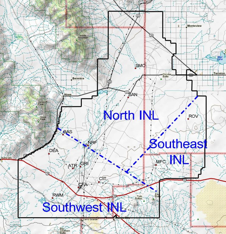 Map of Idaho with the north, southwest and southeast Idaho National Laboratory areas marked.