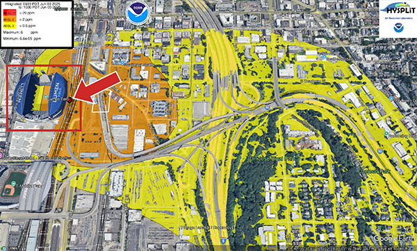 Google Earth image of Seattle, WA. Shows Lumen Field and the railway that runs right next to it to the east.