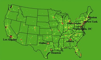 Map of U.S. showing 8 major cities